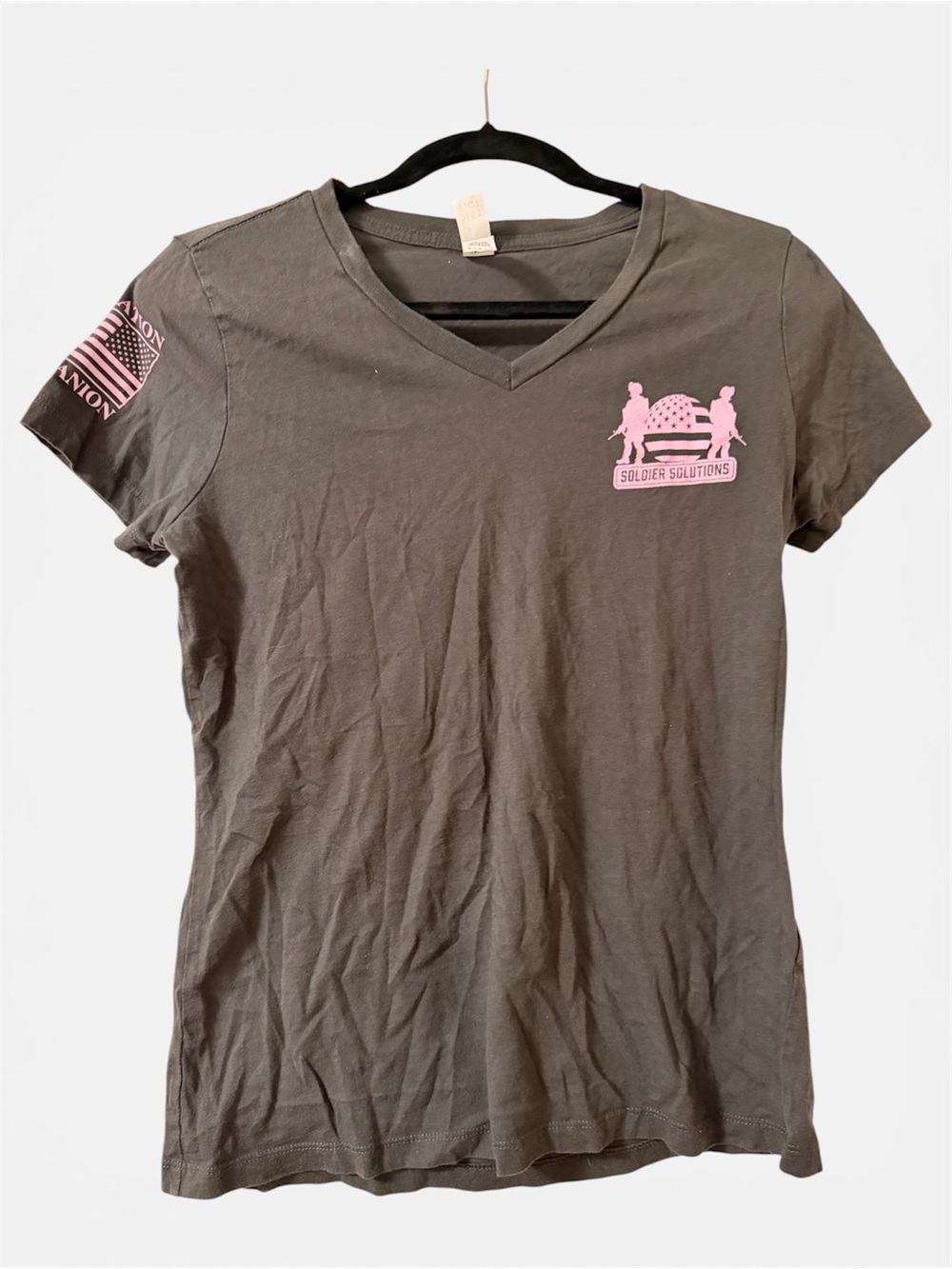 Soldier Solutions Gray V-Neck Tee with Pink Logo